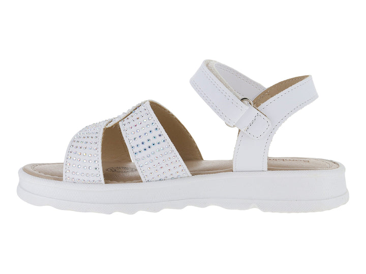 Sandalia blanca de plataforma para niña con tiras decoradas con pedrería y cierre de velcro.