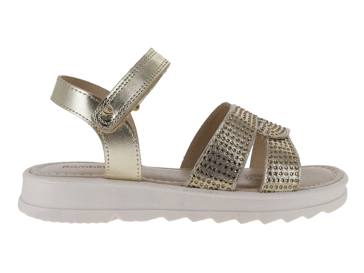 Sandalia dorada para Niña con plataforma blanca y tiras decoradas con tachuelas brillantes.