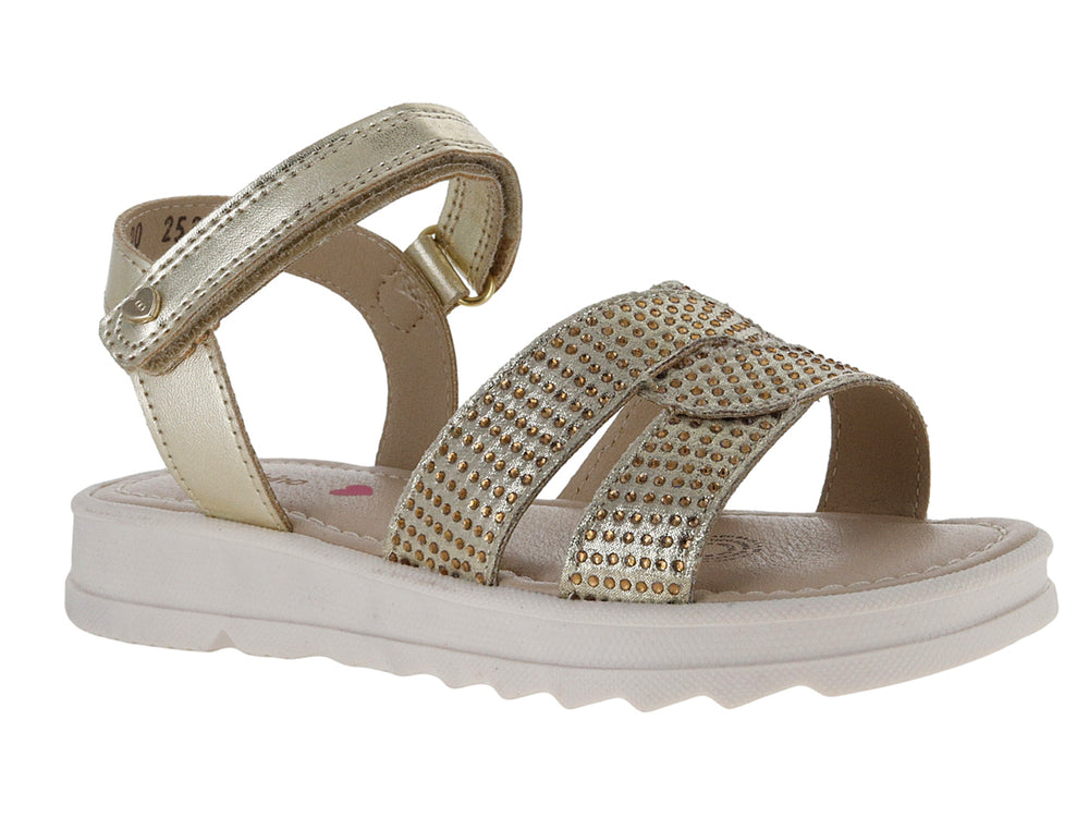 Sandalia dorada para Niña con plataforma blanca y tiras decoradas con tachuelas brillantes.