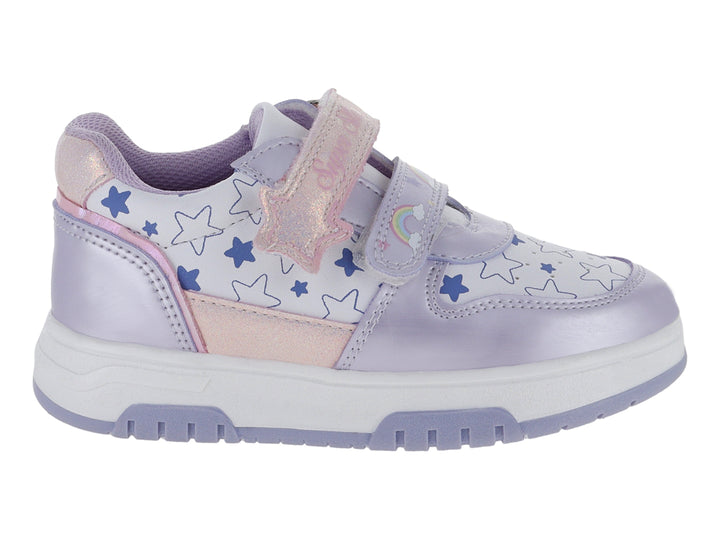 Tenis infantiles color blanco y lila con estampado de estrellas y cierre de velcro.