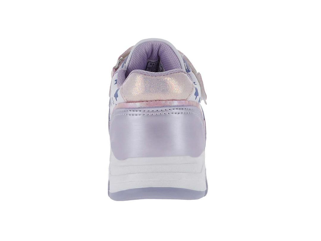 Tenis infantiles color blanco y lila con estampado de estrellas y cierre de velcro.