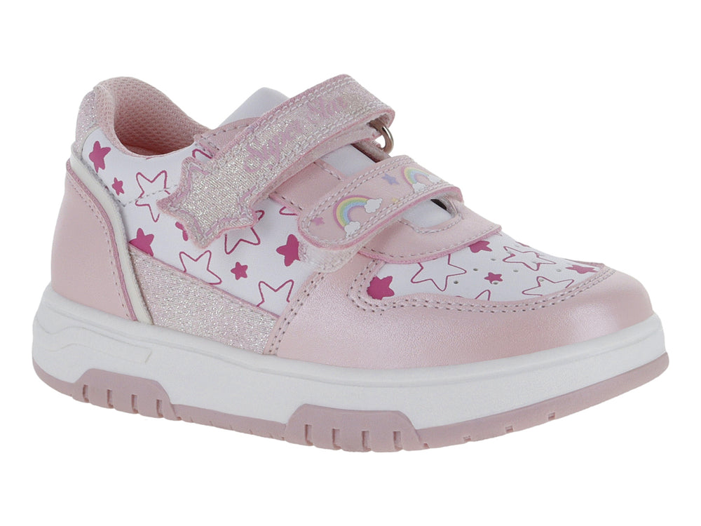 Tenis deportivos para niña en color blanco y rosa con detalles de estrellas y acabado brillante.
