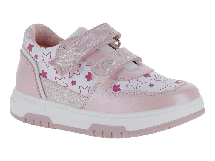 Tenis deportivos para niña en color blanco y rosa con detalles de estrellas y acabado brillante.