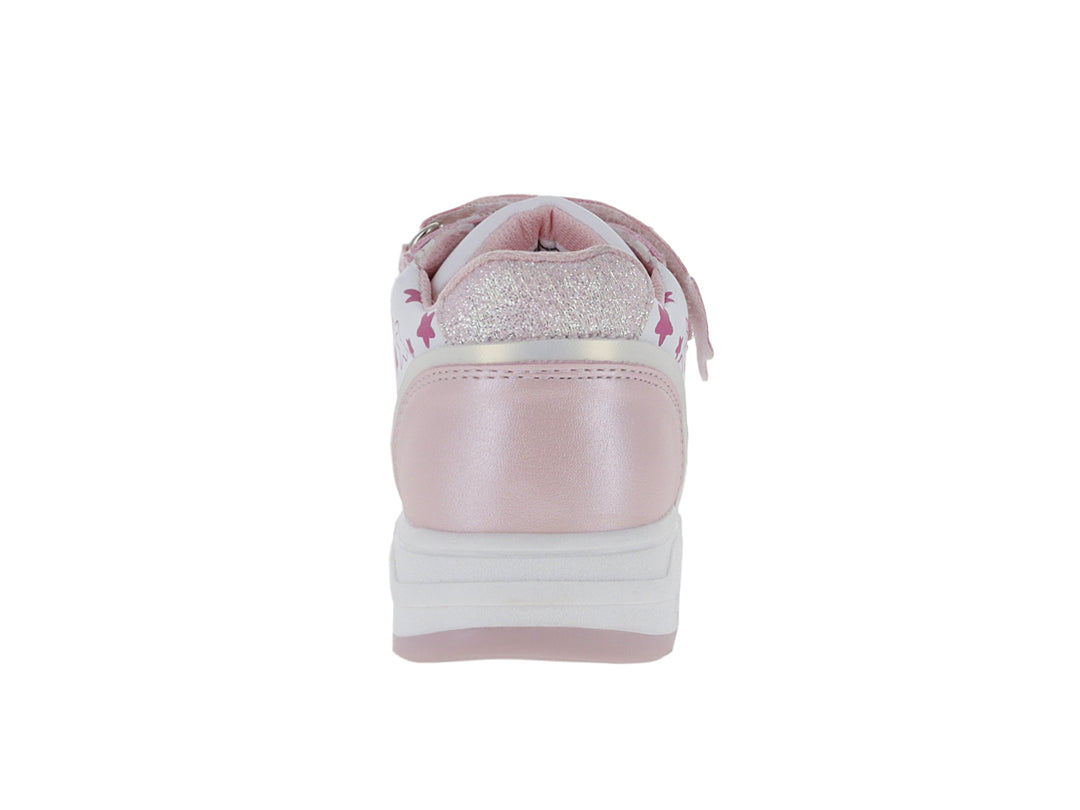 Tenis deportivos para niña en color blanco y rosa con detalles de estrellas y acabado brillante.