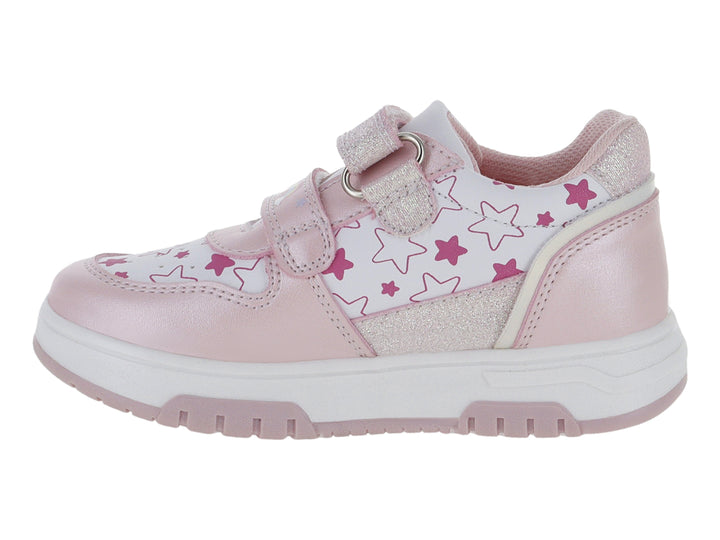 Tenis deportivos para niña en color blanco y rosa con detalles de estrellas y acabado brillante.