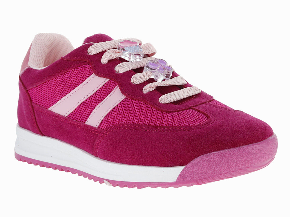 Tenis deportivos color rosa con franjas rosa claro y suela blanca.