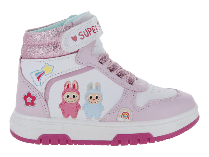 Tenis deportivos para niña en colores rosa y blanco con detalles brillantes y dibujos infantiles.