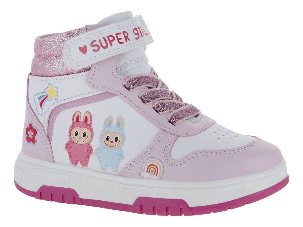 Tenis deportivos para niña en colores rosa y blanco con detalles brillantes y dibujos infantiles.