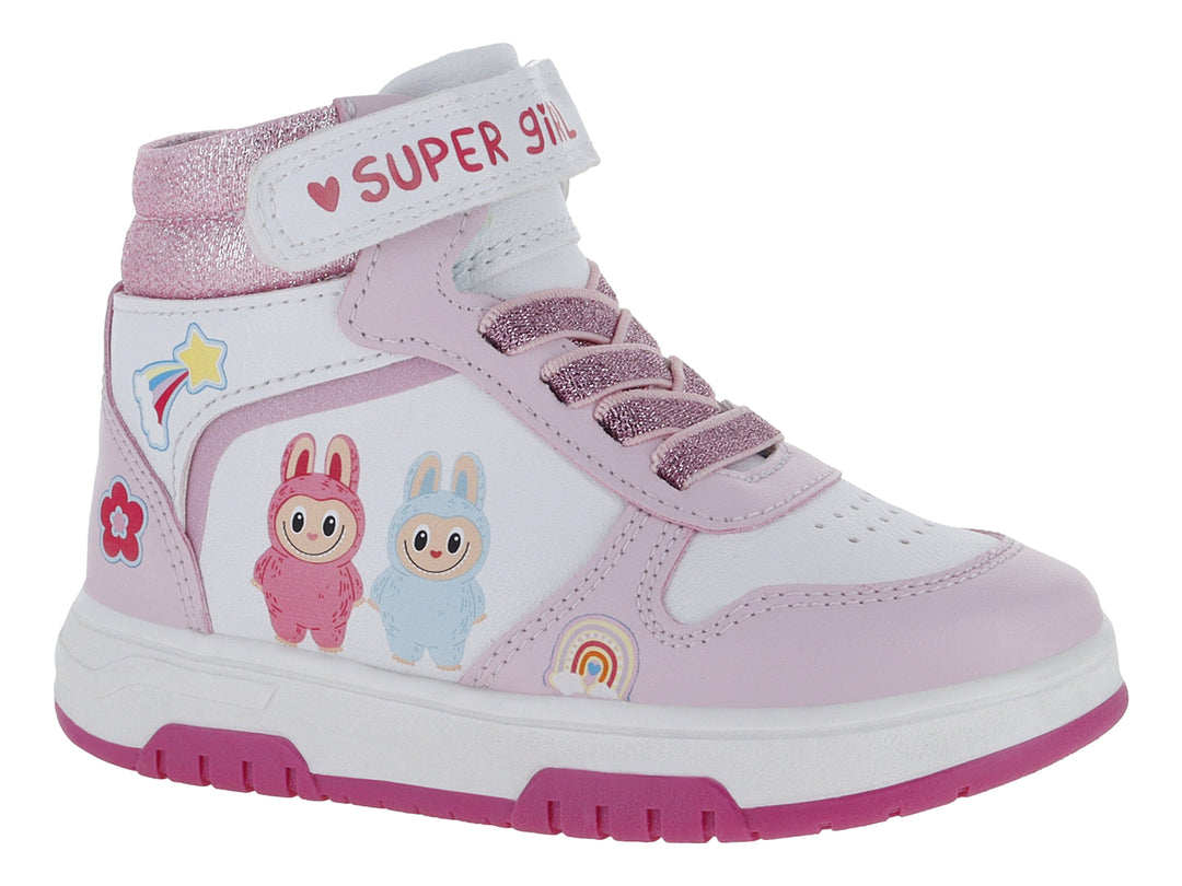 Tenis deportivos para niña en colores rosa y blanco con detalles brillantes y dibujos infantiles.