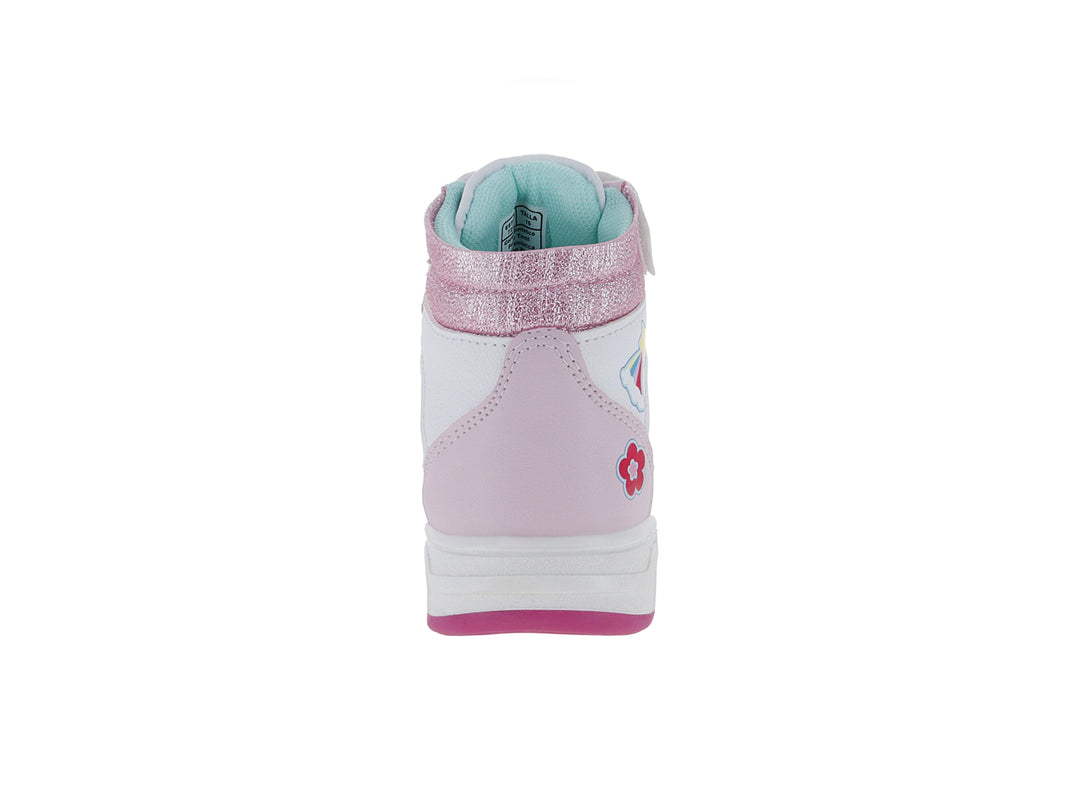 Tenis deportivos para niña en colores rosa y blanco con detalles brillantes y dibujos infantiles.