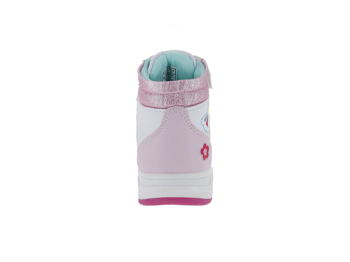 Tenis deportivos para niña en colores rosa y blanco con detalles brillantes y dibujos infantiles.