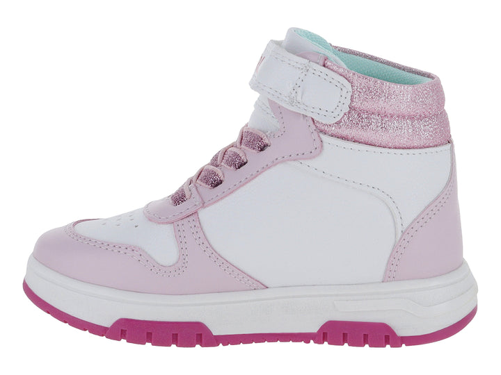 Tenis deportivos para niña en colores rosa y blanco con detalles brillantes y dibujos infantiles.