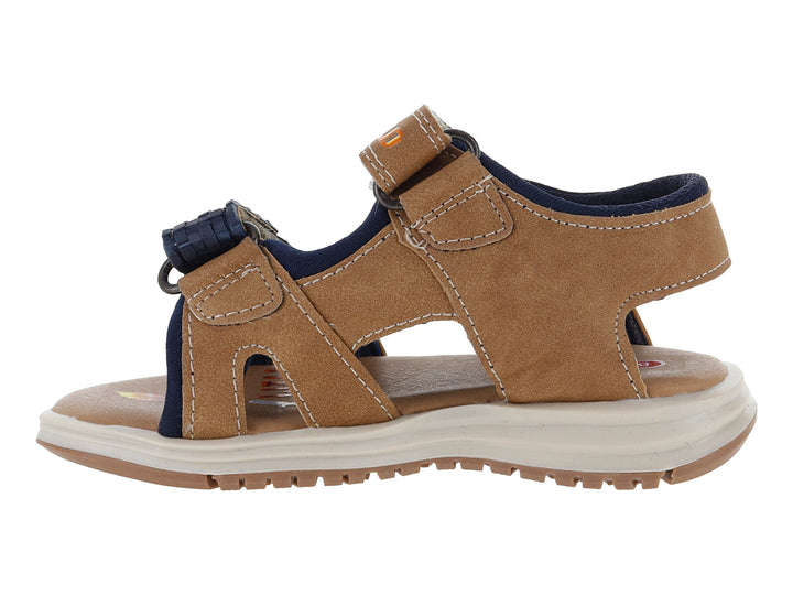 Sandalia infantil color camel y azul marino con detalles de pixel art y cierres de velcro.