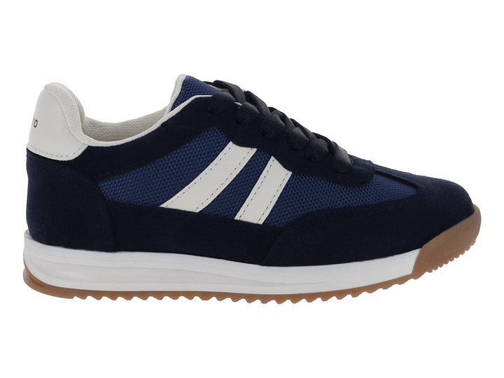 Tenis infantiles Teen Bambino color azul marino con franjas laterales blancas y suela de goma café.