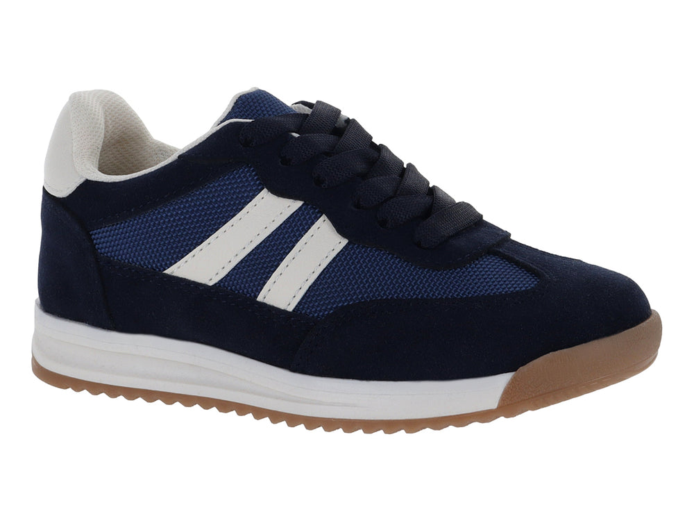 Tenis infantiles Teen Bambino color azul marino con franjas laterales blancas y suela de goma café.