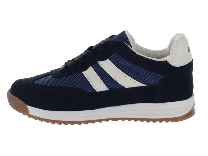 Tenis infantiles Teen Bambino color azul marino con franjas laterales blancas y suela de goma café.