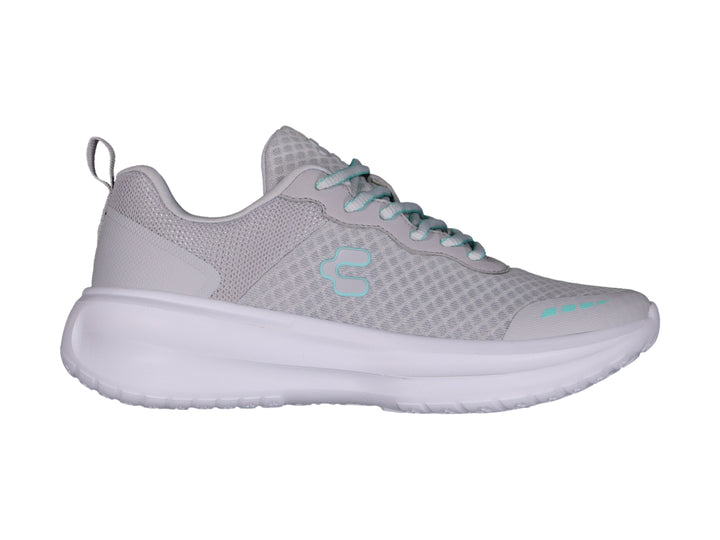 Tenis deportivos Charly color gris con suela blanca y detalles en color aqua.