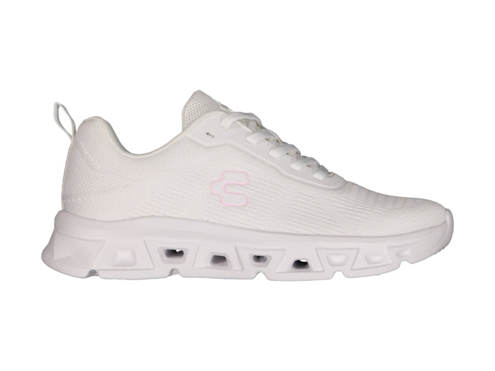 Tenis deportivos Charly color blanco con detalles en rosa y suela blanca robusta.