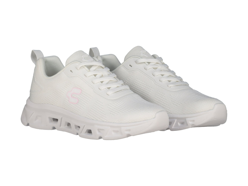 Tenis deportivos Charly color blanco con detalles en rosa y suela blanca robusta.