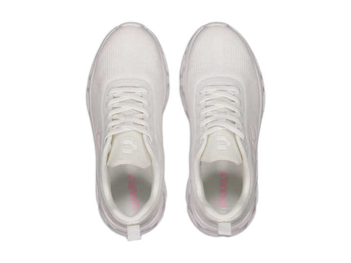 Tenis deportivos Charly color blanco con detalles en rosa y suela blanca robusta.