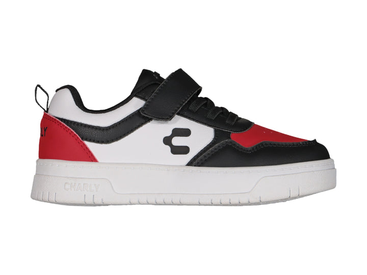 Tenis Charly urbanos en colores blanco, negro y rojo con correa de velcro y suela blanca.