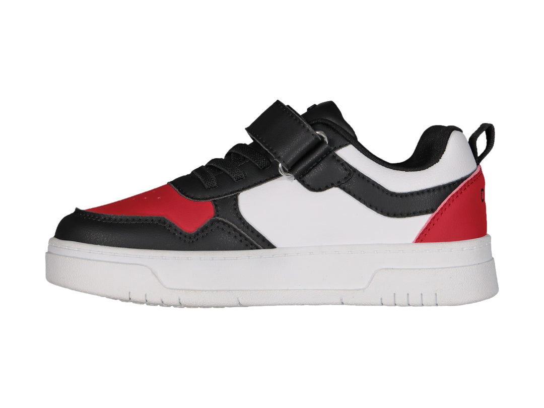 Tenis Charly urbanos en colores blanco, negro y rojo con correa de velcro y suela blanca.