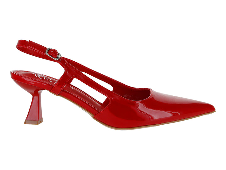 Zapato de tacón rojo brillante de charol con punta afilada y correa ajustable.