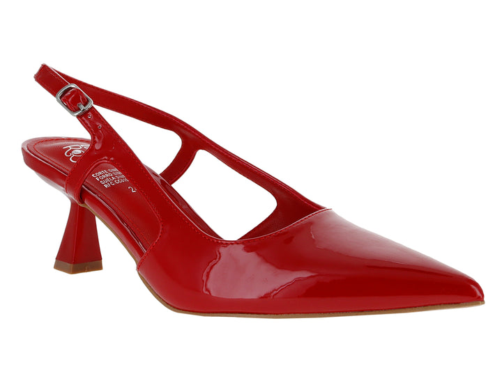Zapato de tacón rojo brillante de charol con punta afilada y correa ajustable.