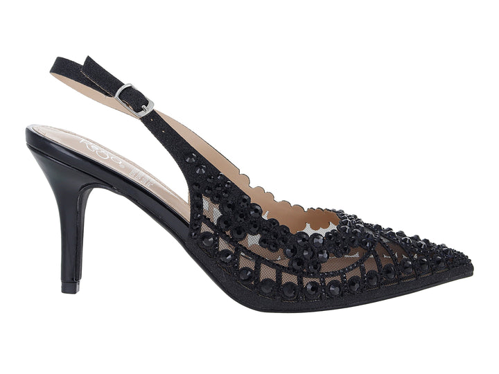 Zapato de tacón negro con detalles de malla, pedrería brillante y correa.