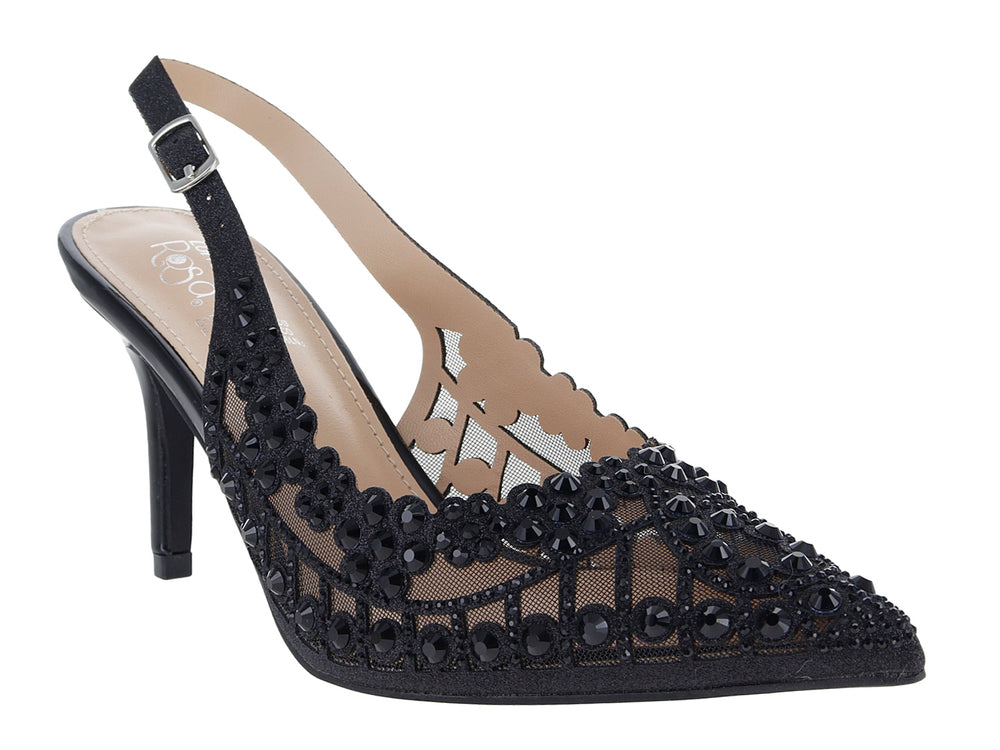 Zapato de tacón negro con detalles de malla, pedrería brillante y correa.
