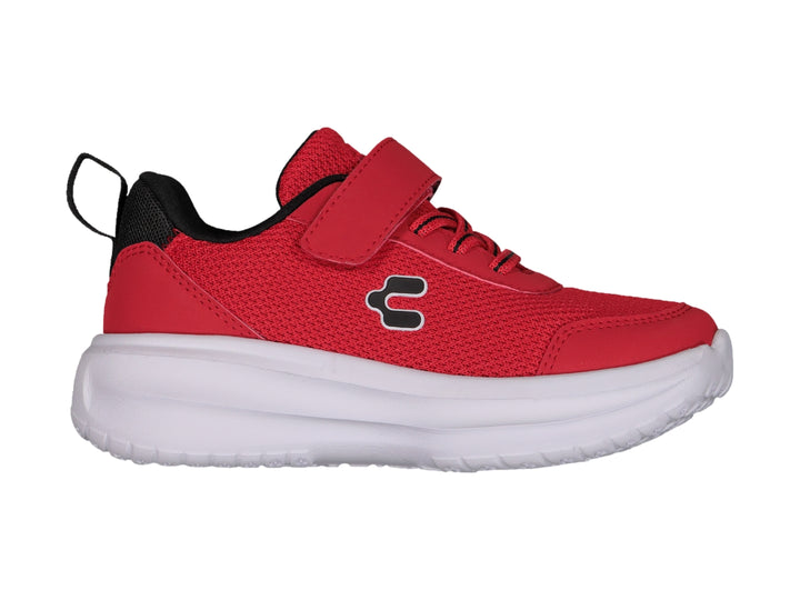 Tenis deportivos Charly color rojo con suela blanca y correa de velcro.