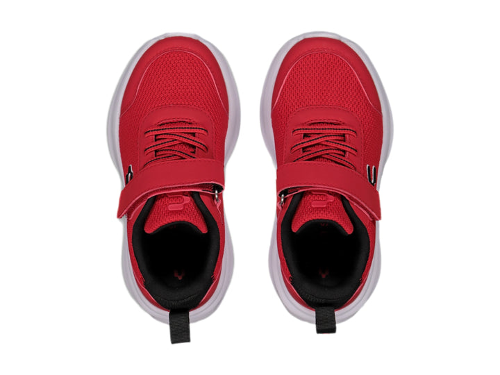 Tenis deportivos Charly color rojo con suela blanca y correa de velcro.