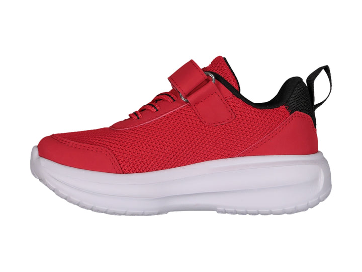 Tenis deportivos Charly color rojo con suela blanca y correa de velcro.