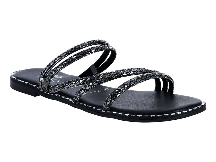Sandalias negras planas con tiras brillantes y detalles plateados en el borde.