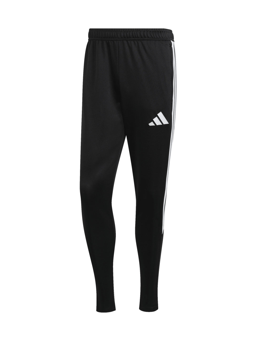 Pantalones deportivos Adidas negros con franjas blancas laterales y logo blanco en el muslo.