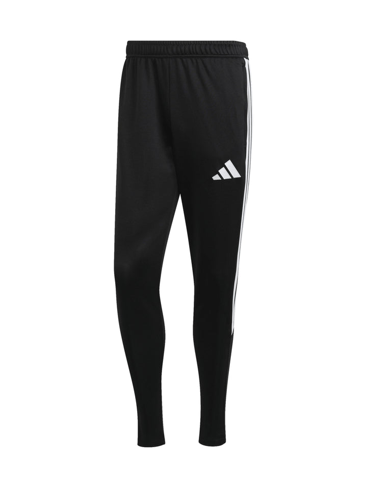 Pantalones deportivos Adidas negros con franjas blancas laterales y logo blanco en el muslo.