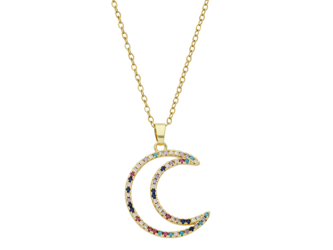 Collar dorado con dije en forma de luna creciente adornado con cristales multicolores.