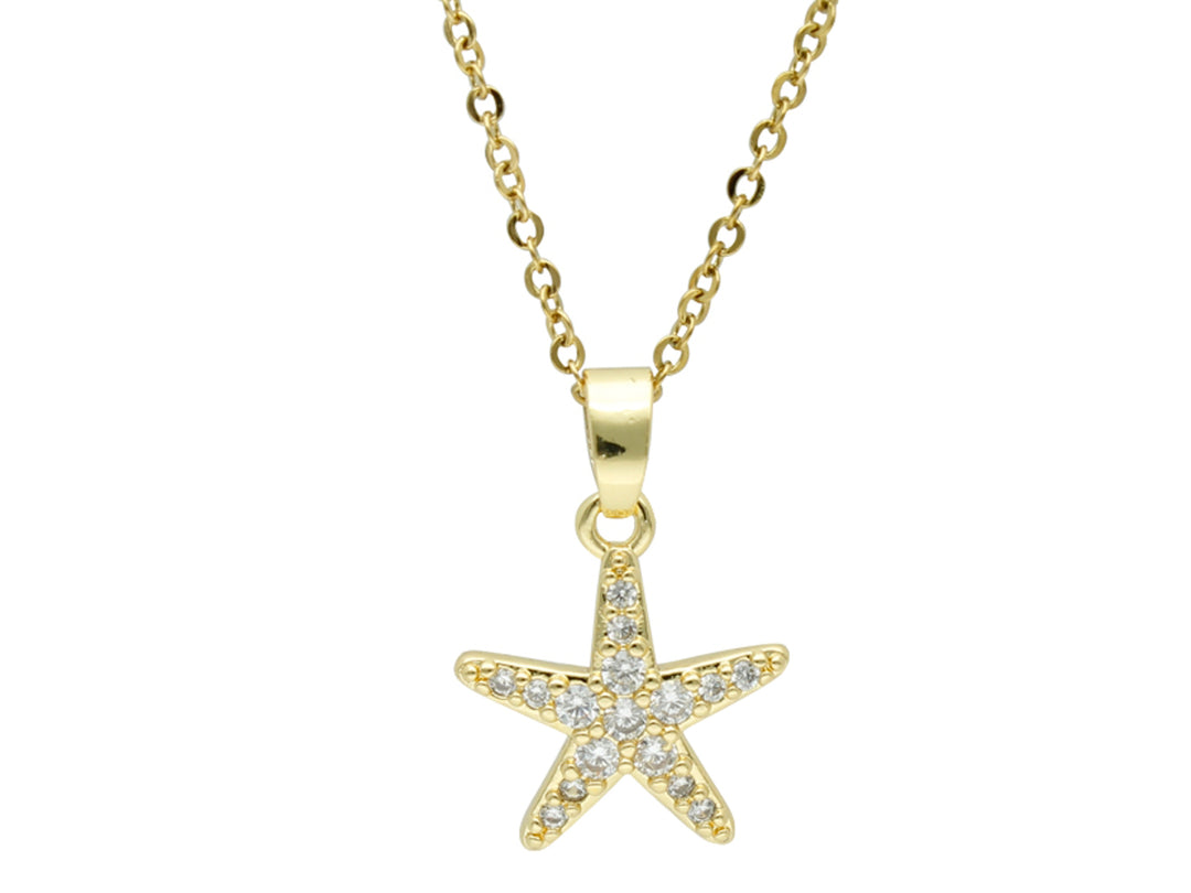 Collar dorado con dije en forma de estrella incrustado con piedras brillantes.
