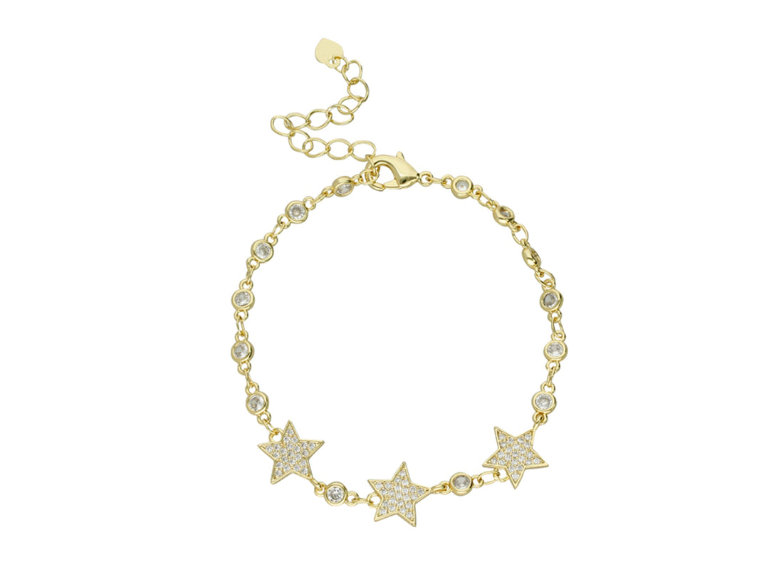 Pulsera dorada de la marca ROZE con tres dijes de estrellas brillantes y detalles de circonias blancas.