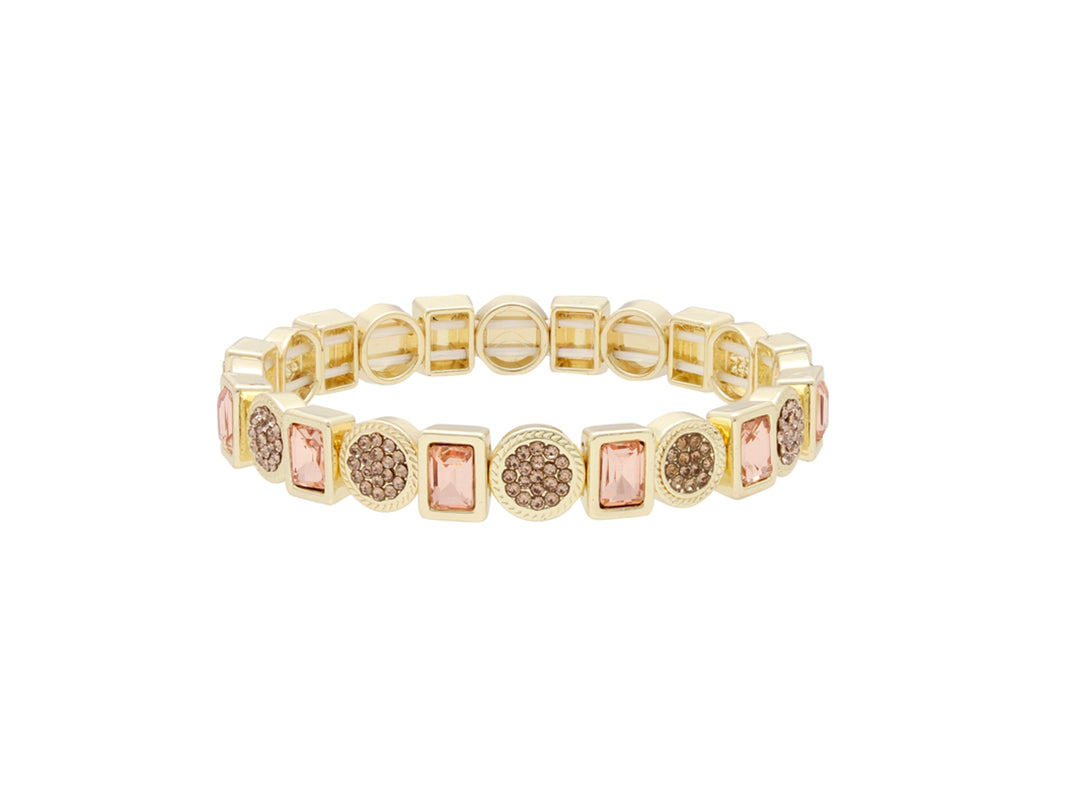 Pulsera dorada de la marca ROZE con cristales rosas y brillantes en formas cuadradas y circulares alternadas.