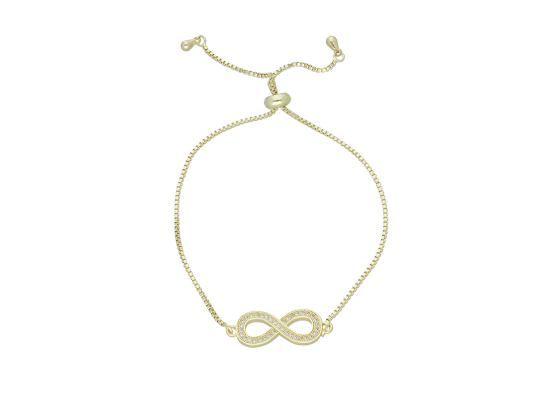 Pulsera dorada de cadena ajustable con un dije central en forma de infinito brillante.