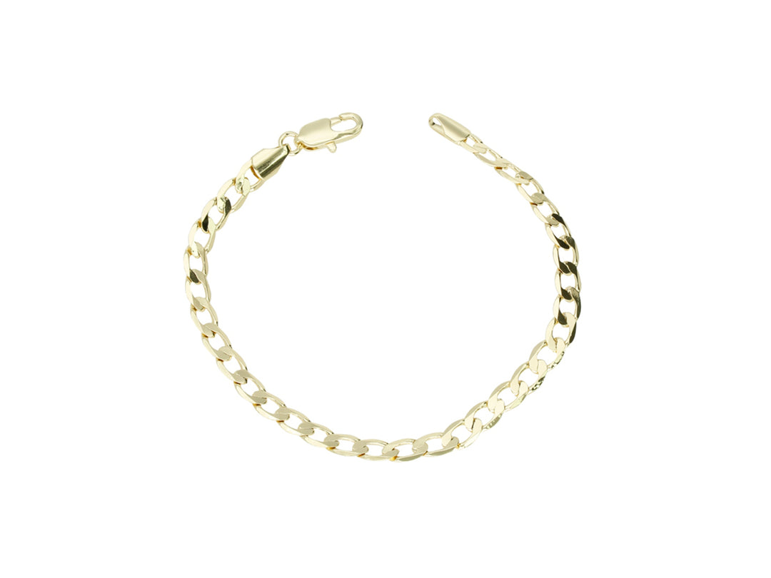 Pulsera de cadena con eslabones en color dorado y cierre de mosquetón sobre fondo blanco.