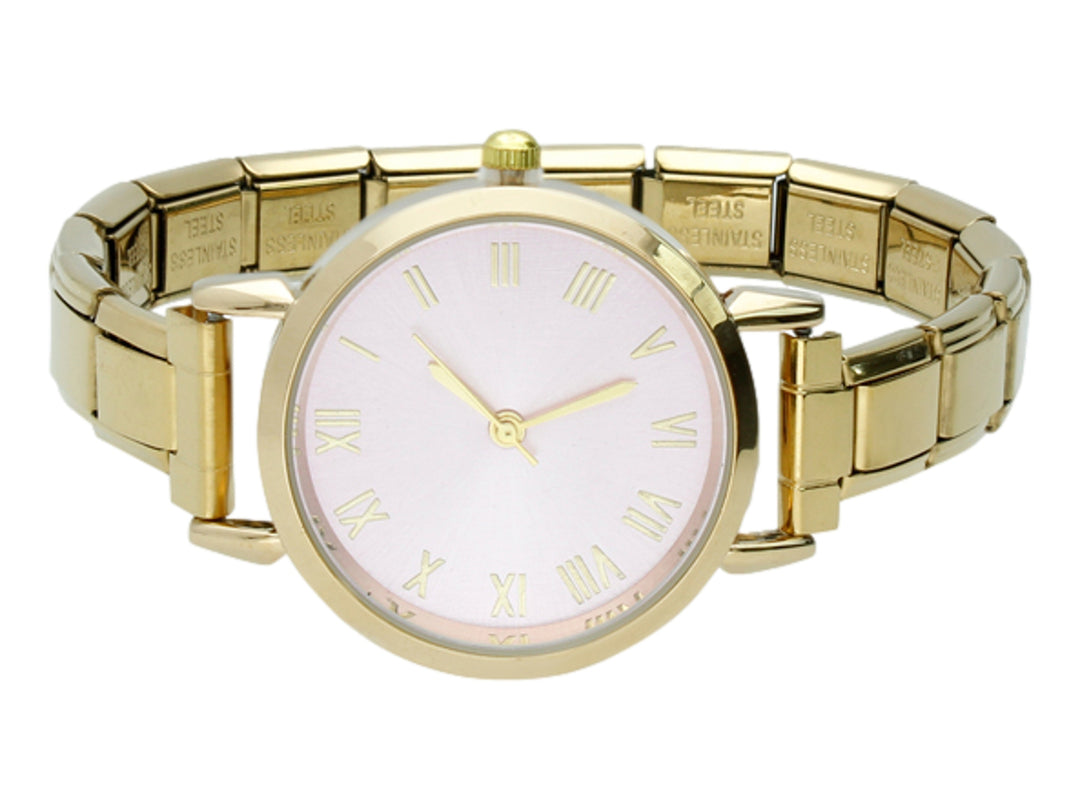 Reloj de pulsera analógico marca ROZE en color dorado con esfera blanca y números romanos.