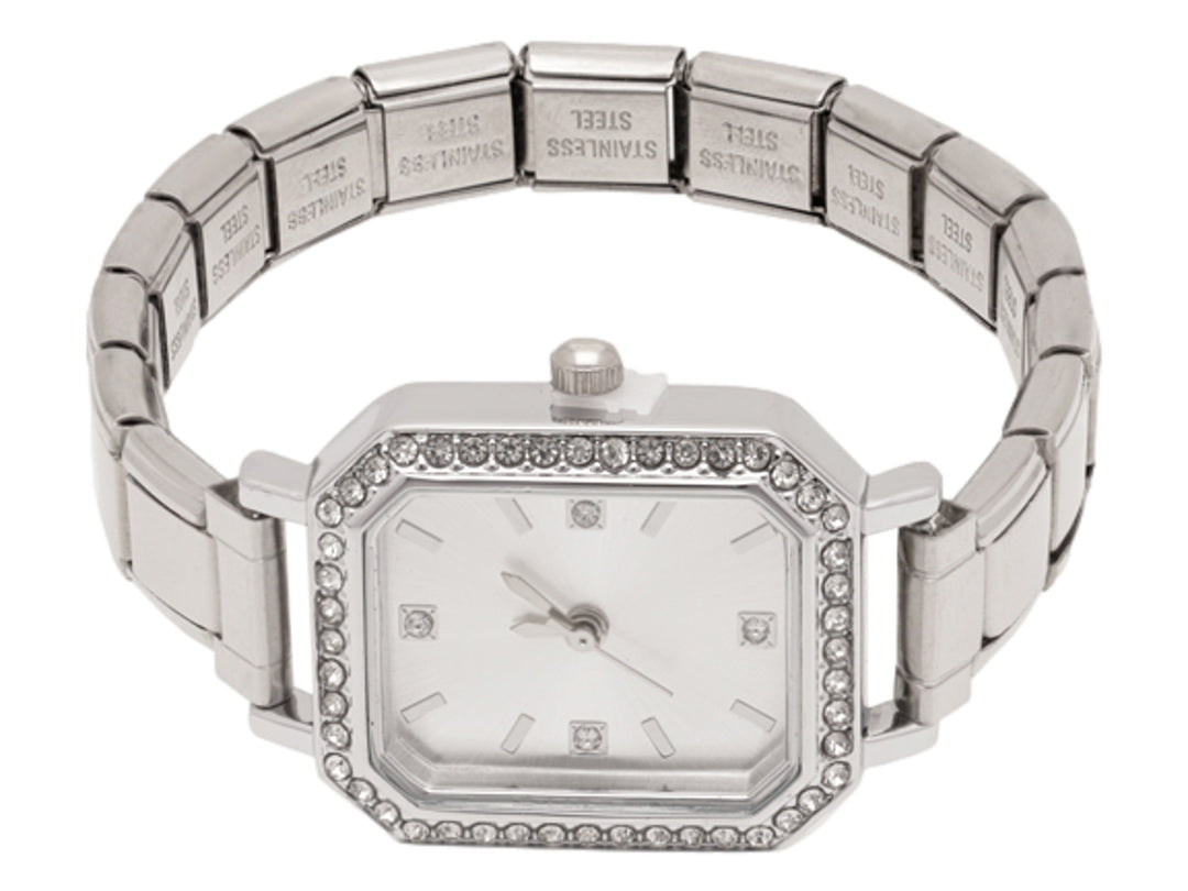 Reloj de pulsera dorado para mujer con caja rectangular adornada con cristales y extensible de acero inoxidable.
