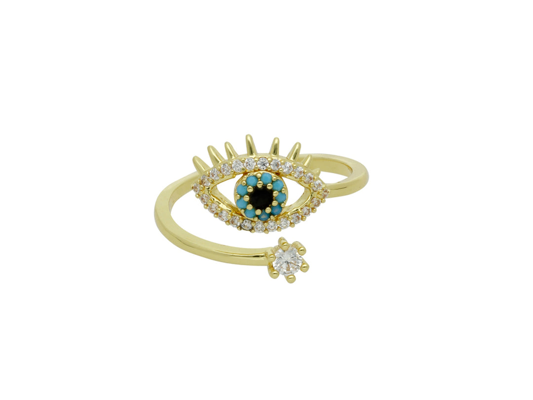 Anillo dorado de diseño abierto con un ojo turco central y piedras brillantes.