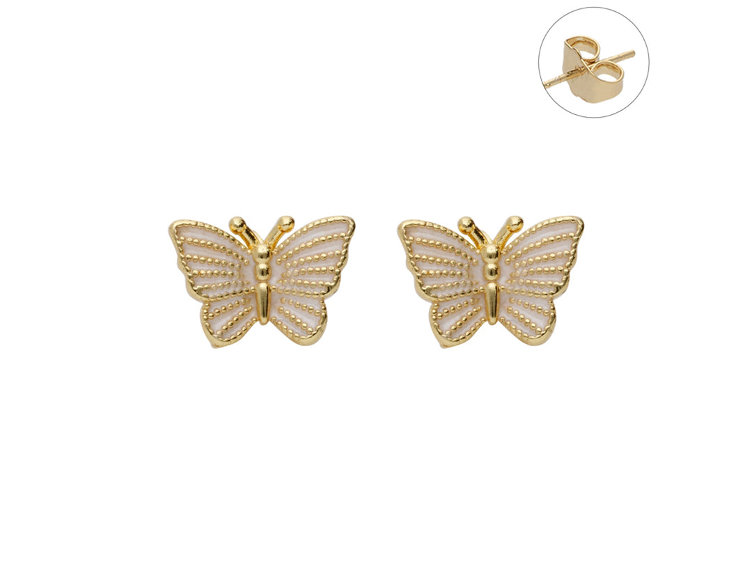 Par de pendientes dorados con forma de mariposa y detalles en blanco sobre fondo blanco.