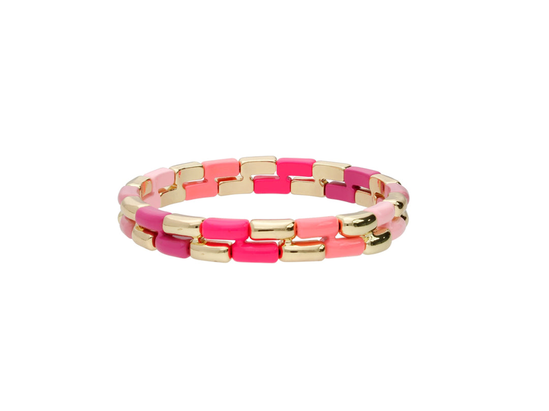 Pulsera de eslabones rectangulares en colores dorado y rosa brillante.