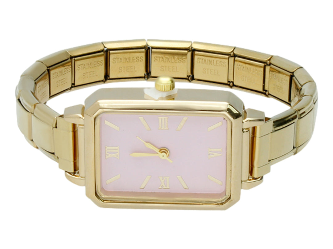 Reloj de pulsera ROZE color dorado con caja rectangular, esfera rosa y números romanos.