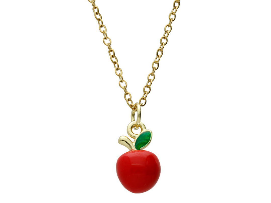 Collar dorado con un dije en forma de manzana roja con hoja verde.