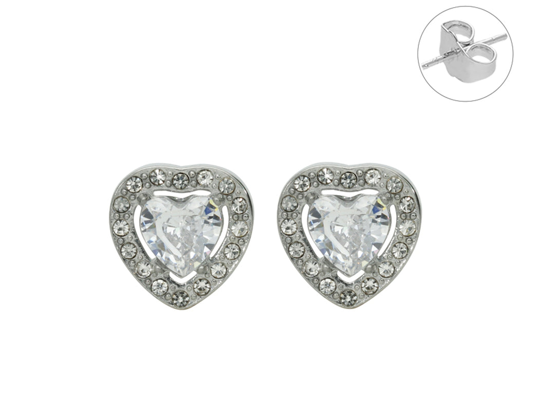 Par de aretes de botón en forma de corazón color plata con cristales brillantes.